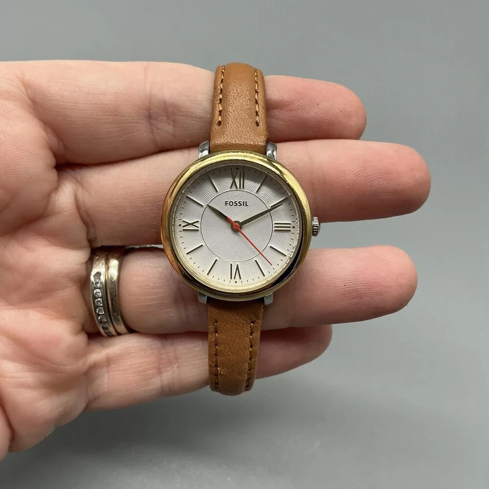 Fossil ES3791 Womens Watch 27mm Silver Dial Gold Tone Brown Leather New Battery
